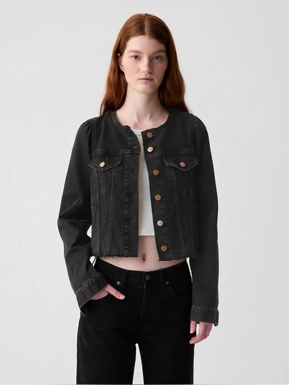 Gap Collarless Cropped Icon Jacket Black Denim Jean Distressed Raw